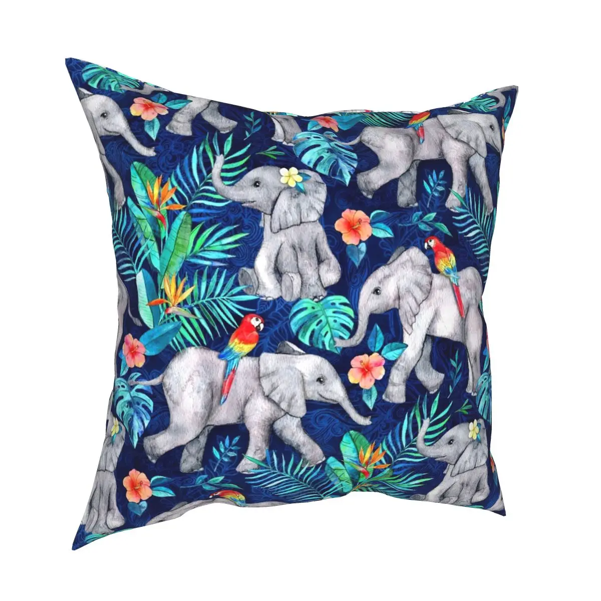 

Elephants And Parrots In Indigo Blue Pillow Case Home Decorative Cushion Cover Throw Pillow for Sofa Double-sided Printing