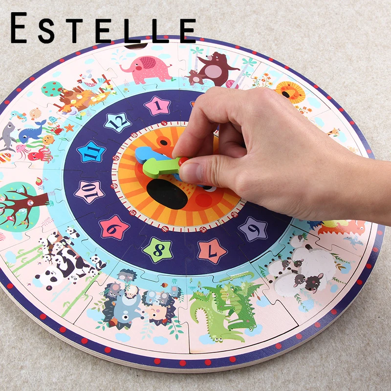 2 в 1 деревянный пазл Часы-пазл для детей Монтессори раннее образование время