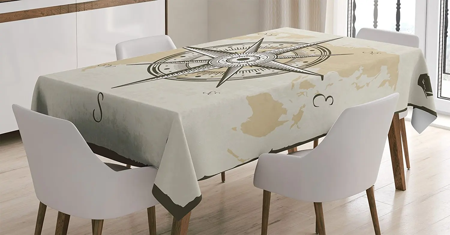 Compass Decor Tablecloth Nautical on Background of Old Map Torn Border Frame Dining Room Kitchen Table Cover | Дом и сад