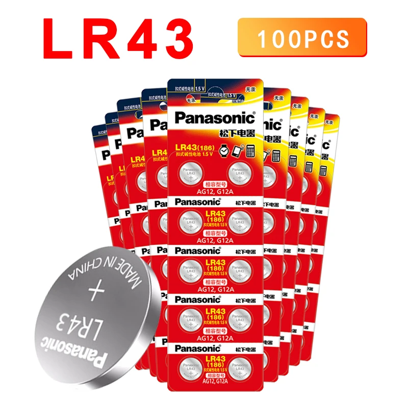 

100 шт./лот PANASONIC оригинальные LR43 186 1,5 В щелочные батареи AG12 G12A Кнопочная батарея 0% Hg для калькулятора пульта дистанционного управления