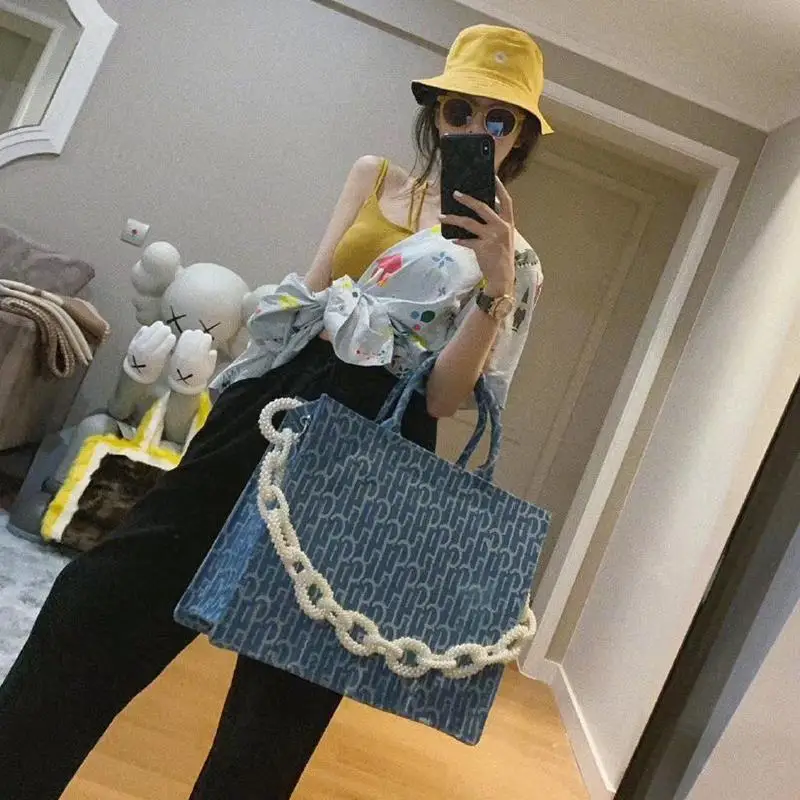 Сумка-тоут женская из денима вместительная сумочка для покупок с принтом на