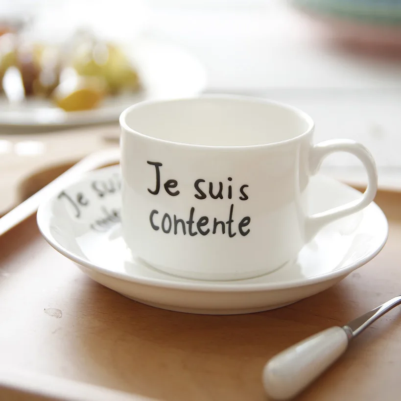 

4 Pcs White Ceramic Coffee Cup Saucer Sets French Style Letter Scented Tea Milk Family Breakfast Mug Dish Kit Teacups Cafe Tasse