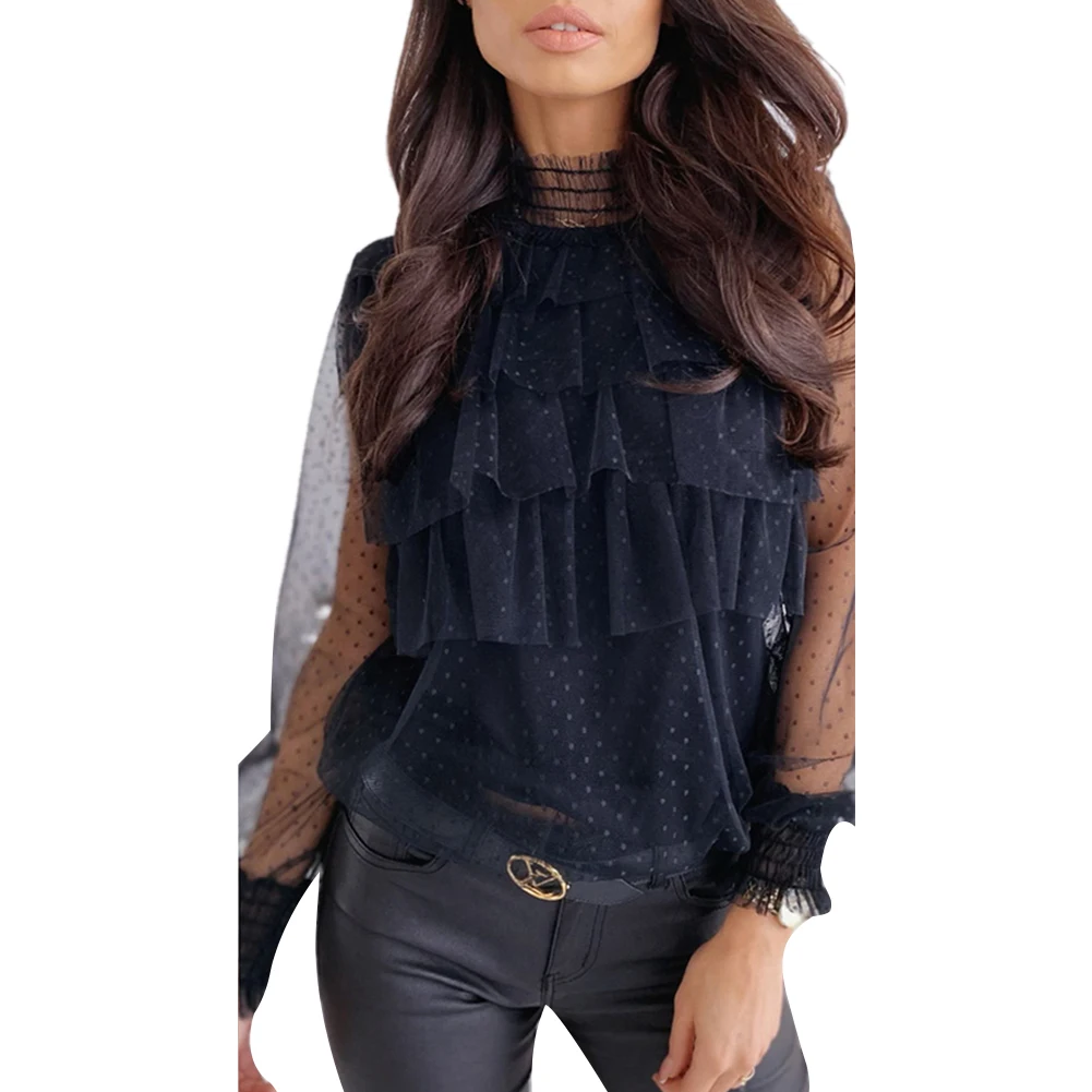 

New Fashion Black White Blouses Shirts Women Long Sleeve Lace Polka Dot Ruffle Blouse Blusas Turtleneck Tops Feminino
