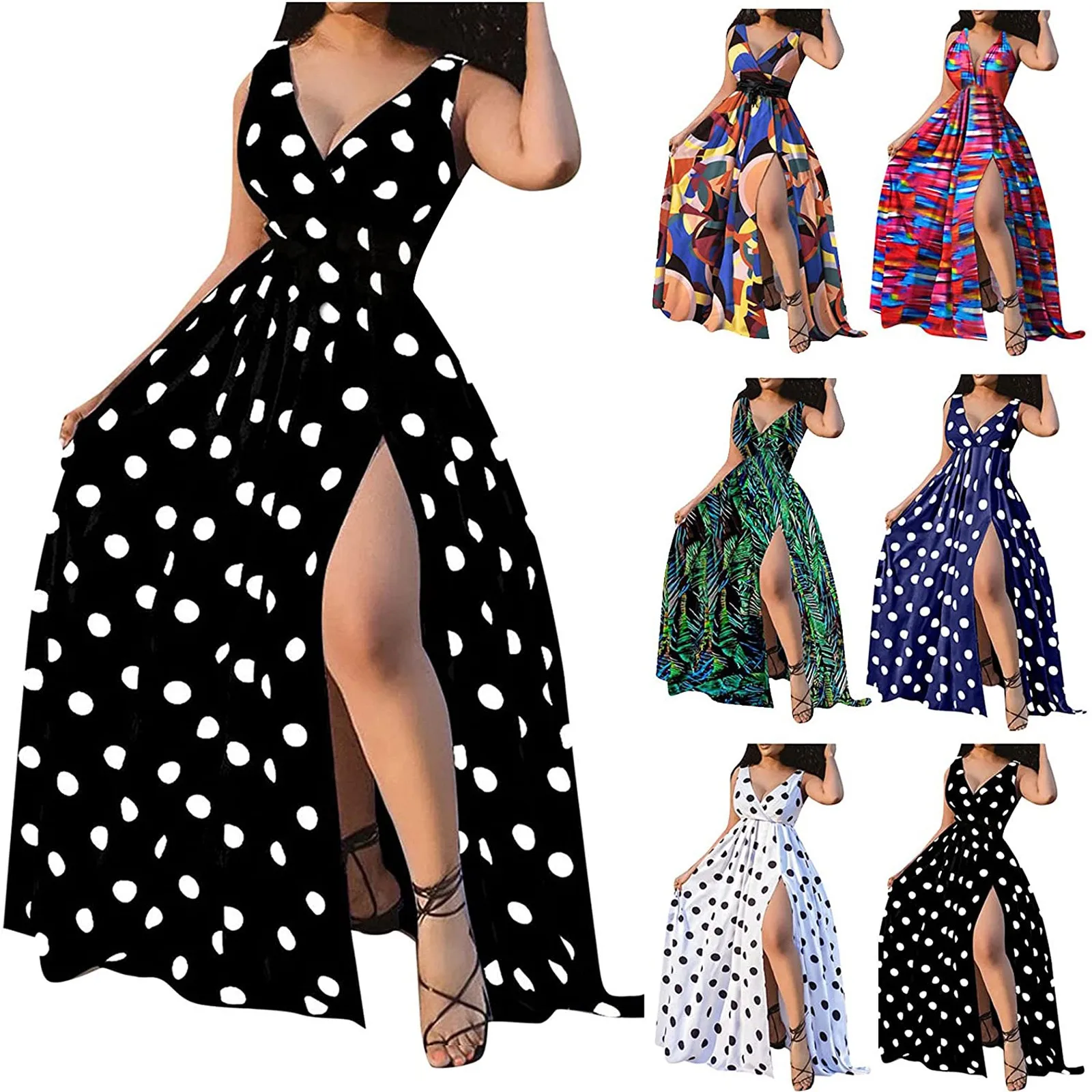

Women's Sexy V-Neck Polka Dot Print Split Dress Summer Sleeveless Beach Dress Boho Mini Party Dress Elegant V Neck Sundress