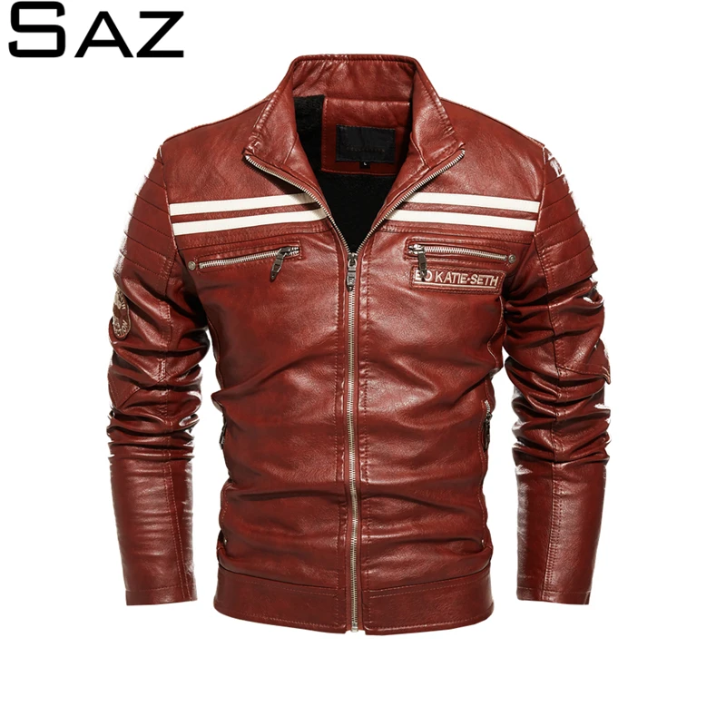 

Мужская кожаная куртка Saz, теплая Повседневная куртка в мотоциклетном стиле, Осень-зима