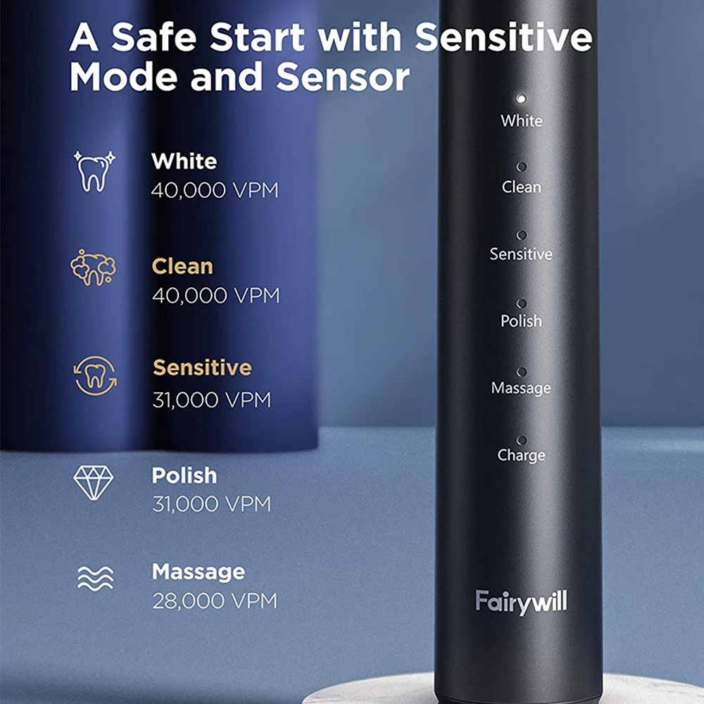 Fairywill электрическая зубная щетка P80 40000 микро-щетки Вибрирующая с нажимом Senor