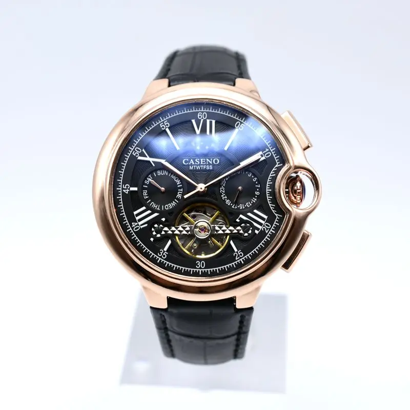 4 CASENO роскошный кожаный ремешок tourbillon Мужские механические часы дропшиппинг день Дата Скелет Золотые часы Мужские автоматические наручные часы - Цвет: 4