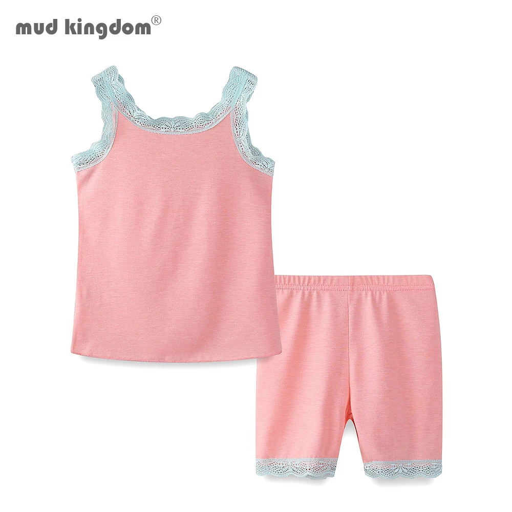 

Mudkingdom Girls Pajama Outfits Sleeveless Lace-Edge Patchwork Summer Tank Tops and Shorts Set Kids Suit Soft Toddler Clothes