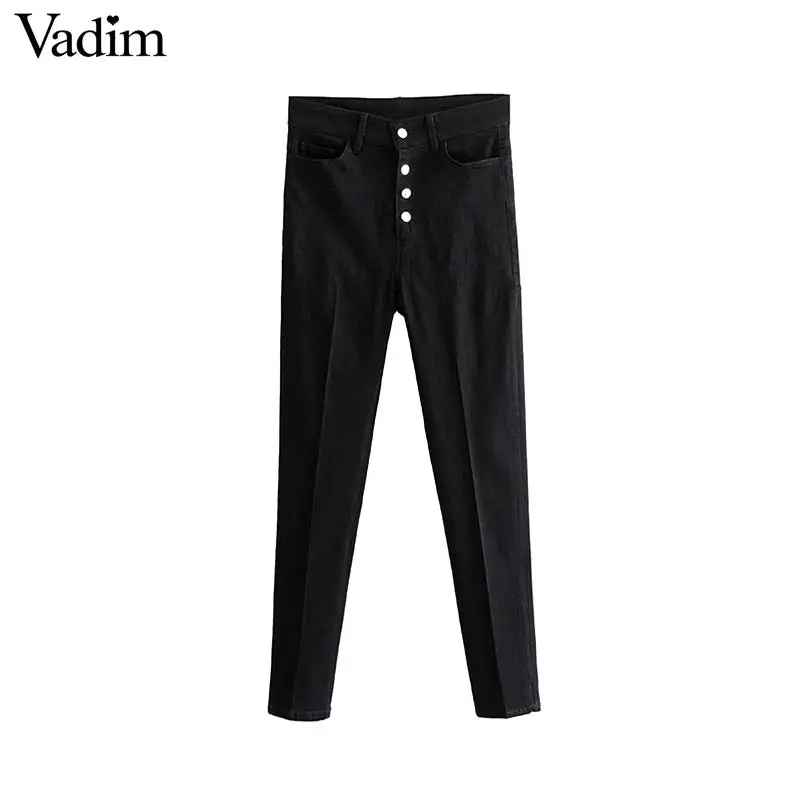 Vadim women chic silm fit pencil pants buttons fly pockets female casual stretchy black ankle length trousers KB239 | Женская одежда