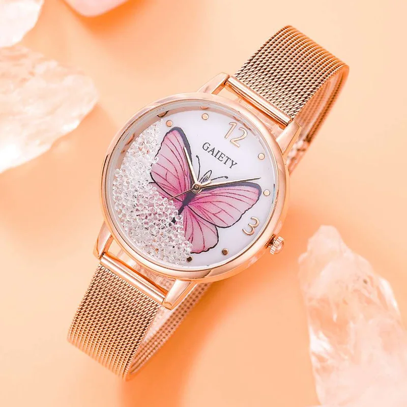 

Women Watches Alloy Mesh Watch Butterfly Pattern Round Dial Quartz Watch LXH