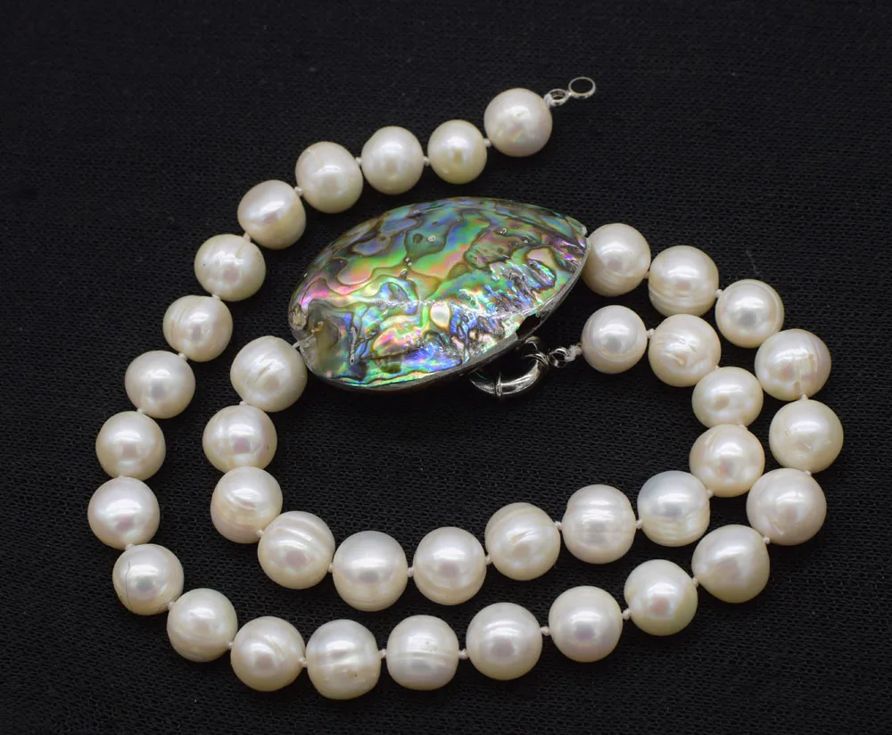 

freshwater pearl white near round 11-12mm and abalone egg necklace 18inch nature beads FPPJ wholesale