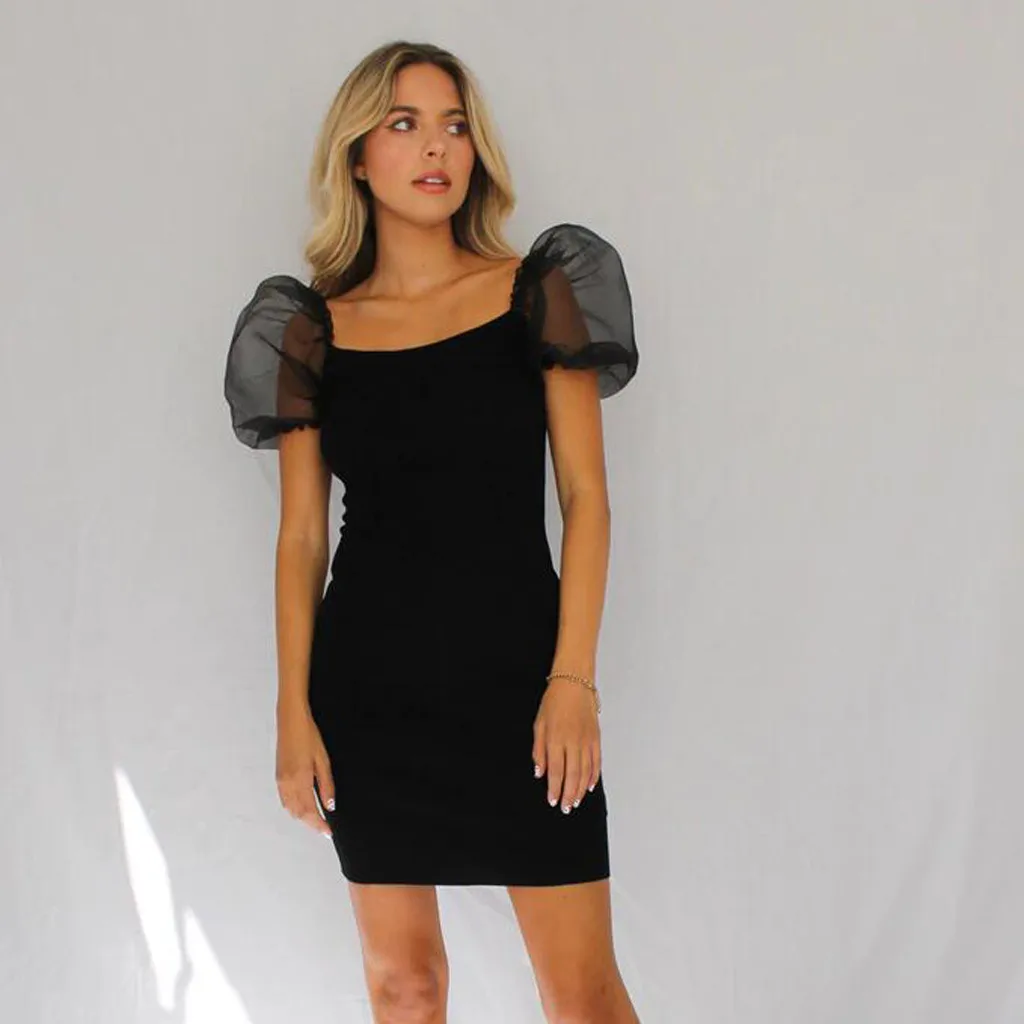 Сексуальное платье женское прозрачное короткое с пышными рукавами лоскутное