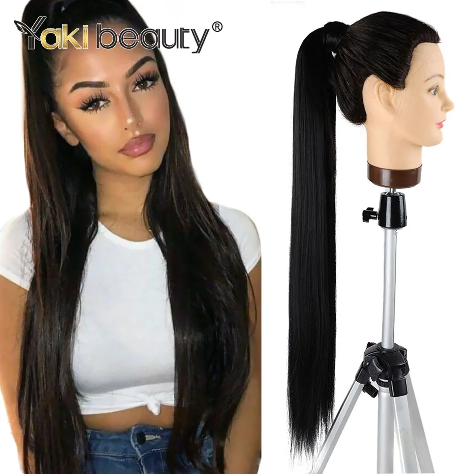 

28inch Long Synthetic Straight Ponytail Magic Paste Pony Tail Clip in Hair Extensions High Temperature Hairpiece By YAKIBEAUTY