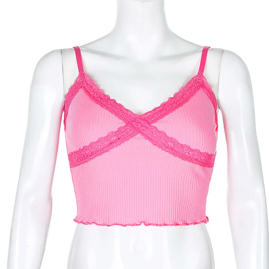 Коричневый Y2k Топы на бретельках Женская кружевная отделка милые миленькие в