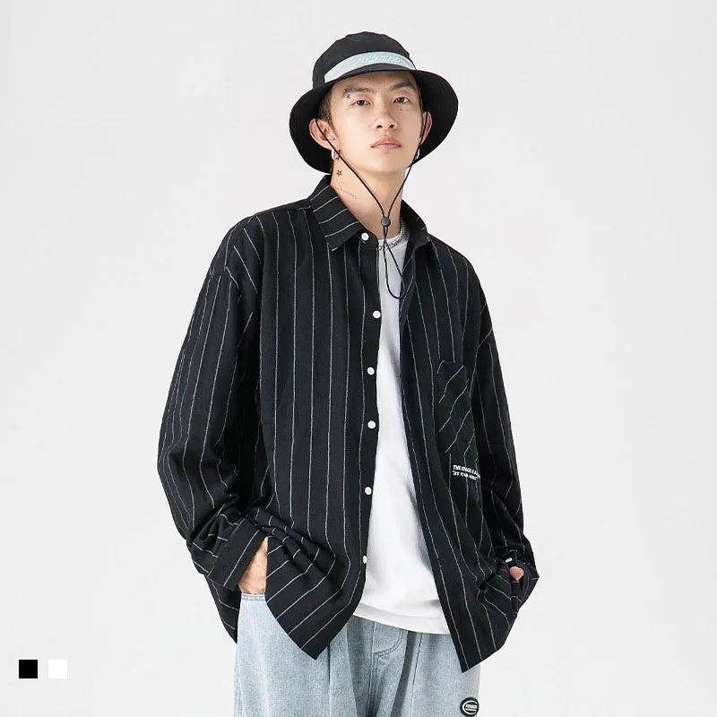 

Mens Black White Striped Long Sleeved Shirts Cotton Fashion Buttoned Vintage Clothing Oversize Dazn Streetwear Blouses Harajuku