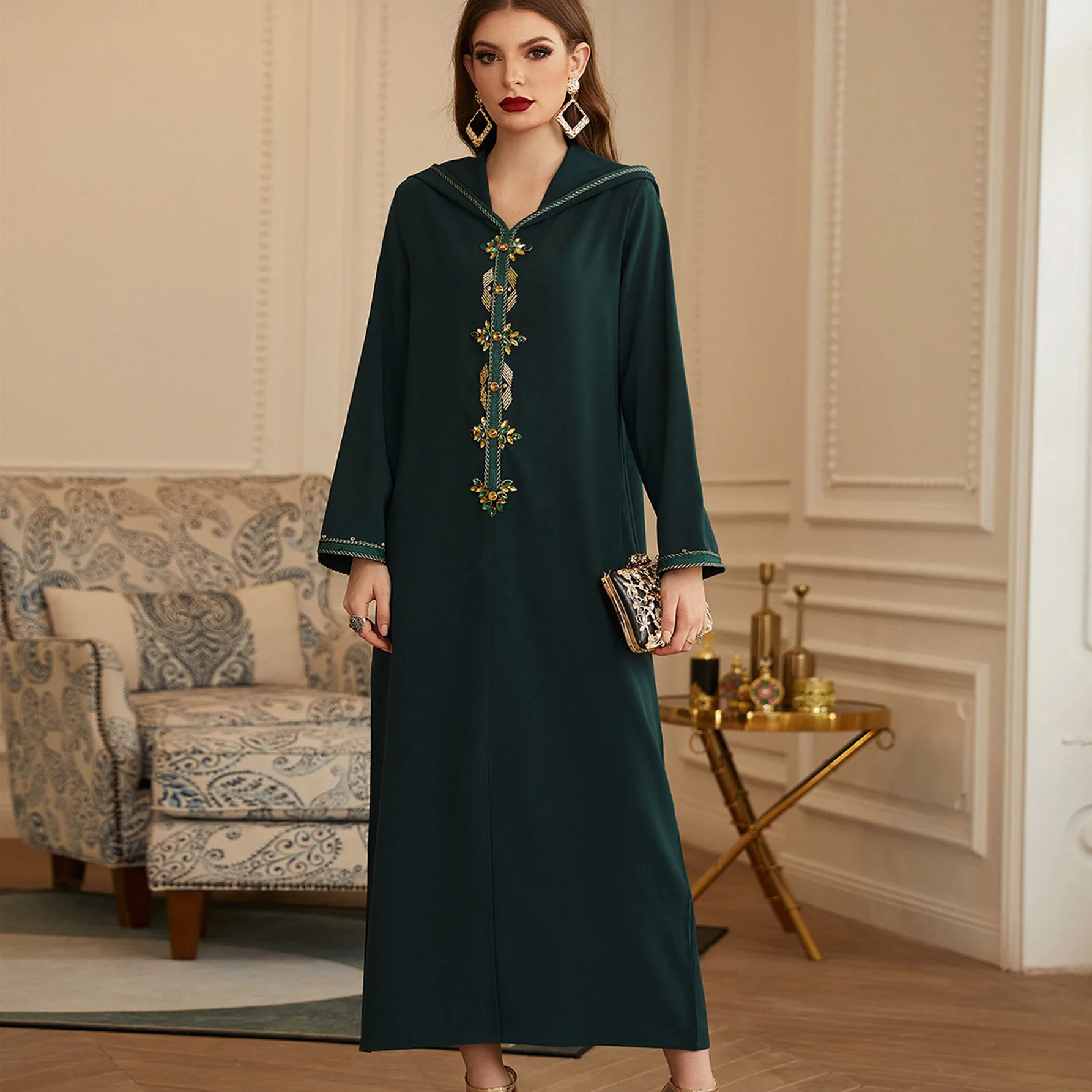

Moroccan Djelleba Hooded Abayas Women Handcraft Diamonds Dubai Saudi Arabic Caftan African Dress Muslim Family Party Dark Green
