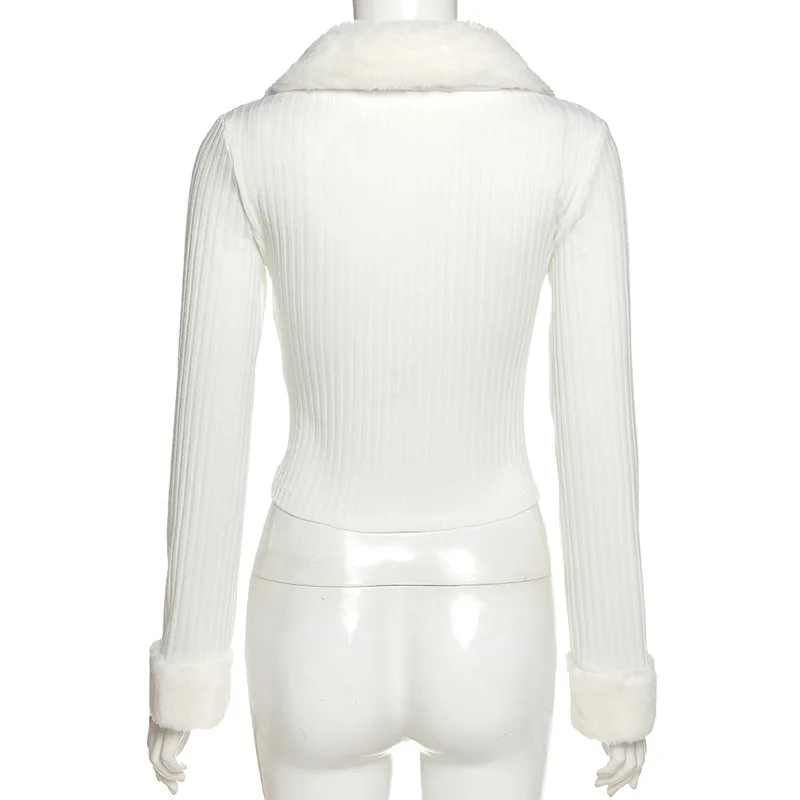 

Women's Top Lapel Fur Collar Solid Color Thread Pit Striped Short Zipper Knitted Jacket Coat for Female