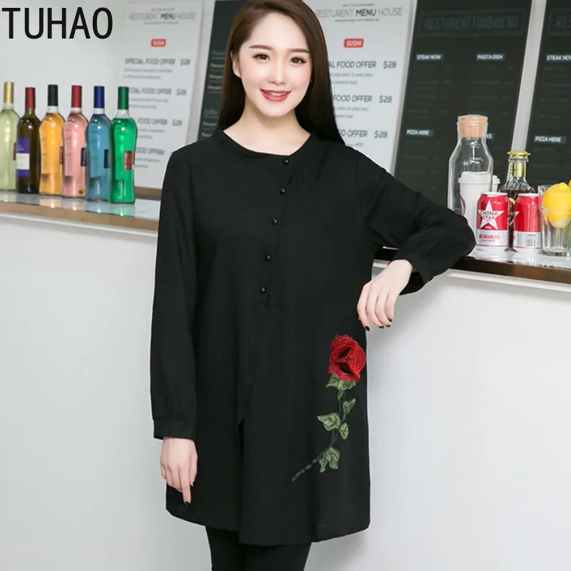 TUHAO  Casual Women Flare Embroidered Shirts Blouse Top Femme Long Blouse Large Size 9XL 8XL 7XL 6XL Beautiful Vintage Shirt