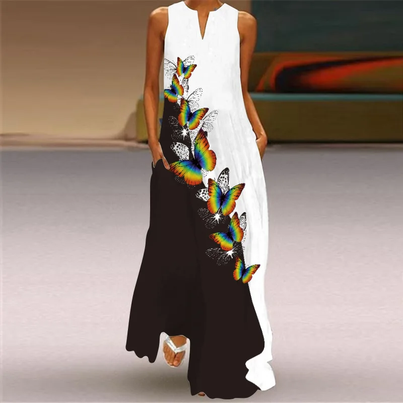 

2021 Floral Print Boho Casual Long Dress Summer Clothes For Women V-neck Sexy Sleeveless Ladies Plus Size Maxi Dresses 5XL