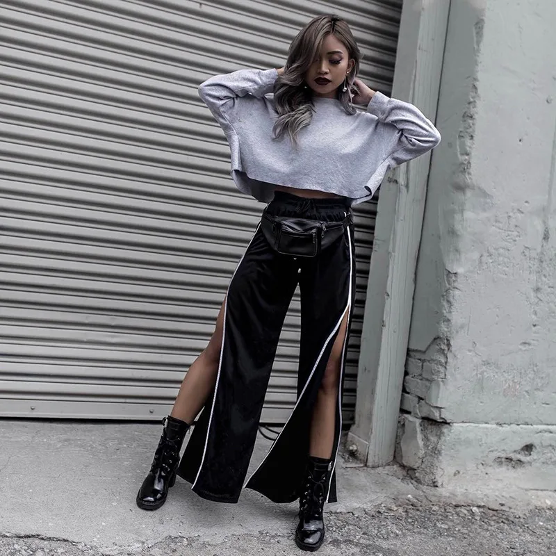 Lucyever Fashion Striped Wide Leg Pants Woman High Waist Loose Open Black Women Autumn Casual Streetwear Pantalon Femme | Женская одежда