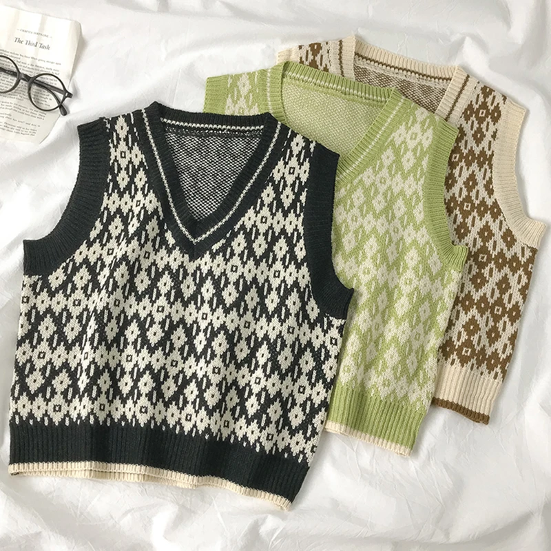 

JMPRS Vest Women Sweater Pullover Fashion Knit Argyle Harajuku Preppy Girl Jumper Casual Sleeveless Autumn V Neck Vests