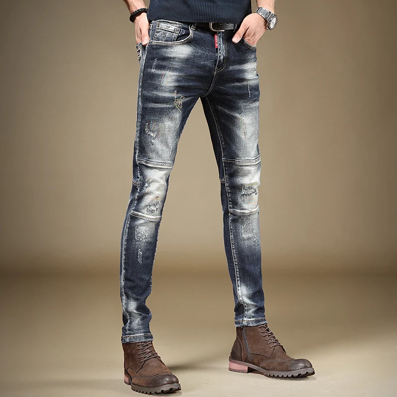 Autumn New Men Blue Patchwork Ripped Jeans Fashion Embroidery Straight Pants Slim Fit Casual Cotton Denim Trousers