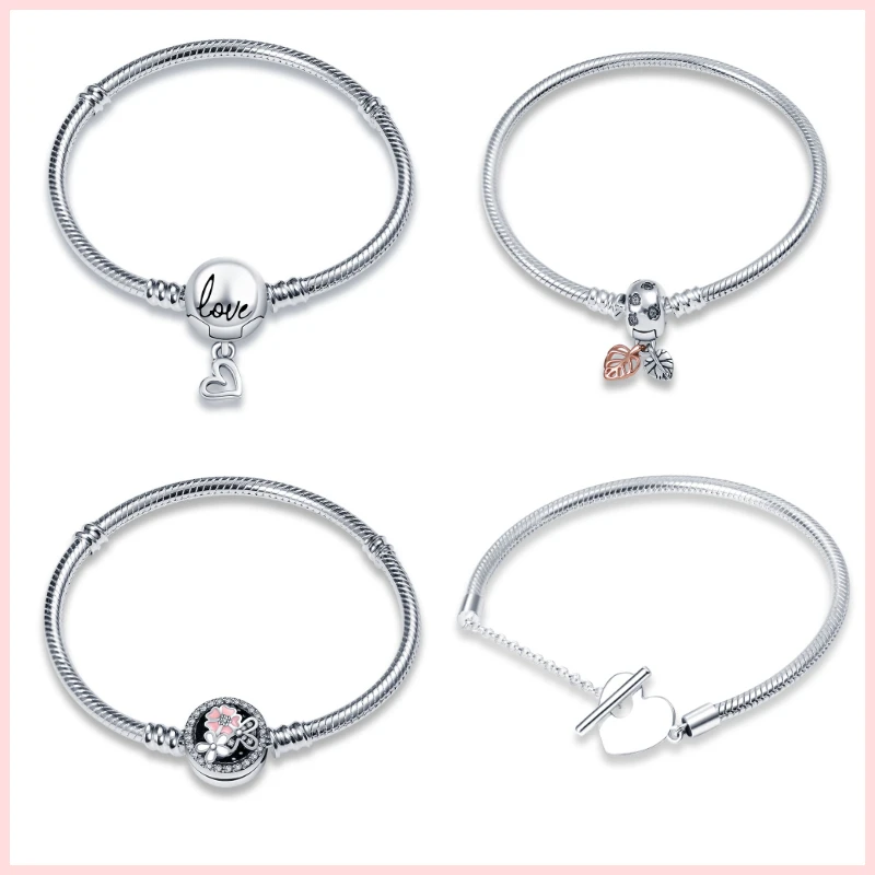 

Authentic 100% 925 Sterling Silver Snake Chain Heart Bangle & Bracelet 9 Style Luxury Jewelry Joyas Mujer Bracciali Donna