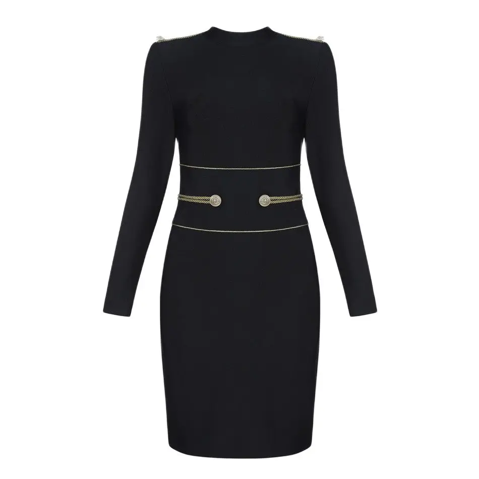 Женское вечернее платье мини черное облегающее с длинным рукавом и круглым