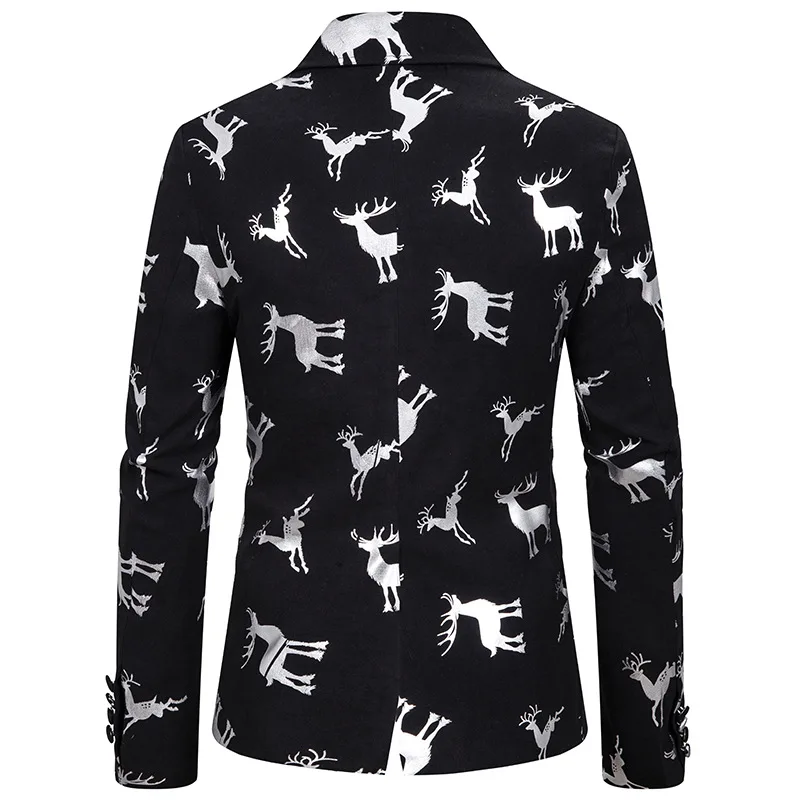 

Christmas Blazer Masculino Hipster Shiny Gold Elk Print Men Blazer Slim Fit Xmas Party Suit Blazer Jacket Stage Singer Clothes