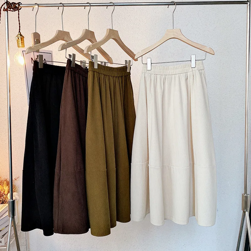 

Винтажная длинная юбка с высокой талией в Корейском стиле, Женская однотонная утолщенная теплая уличная одежда с карманами, Женская шикарн...