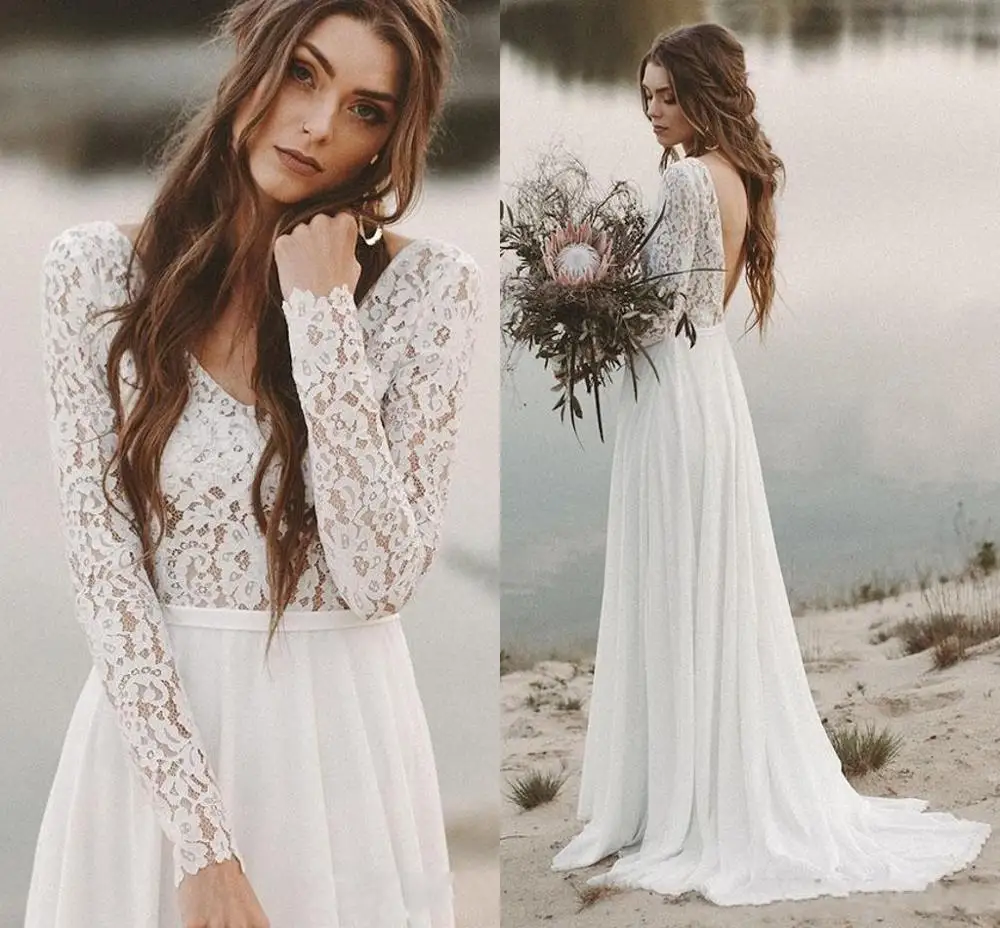 Long Sleeve Wedding Dresses V-Neck Beach Backless Bride Dress Chiffon Lace Bridal Gown Open Back  White Ivory Modest Full Length