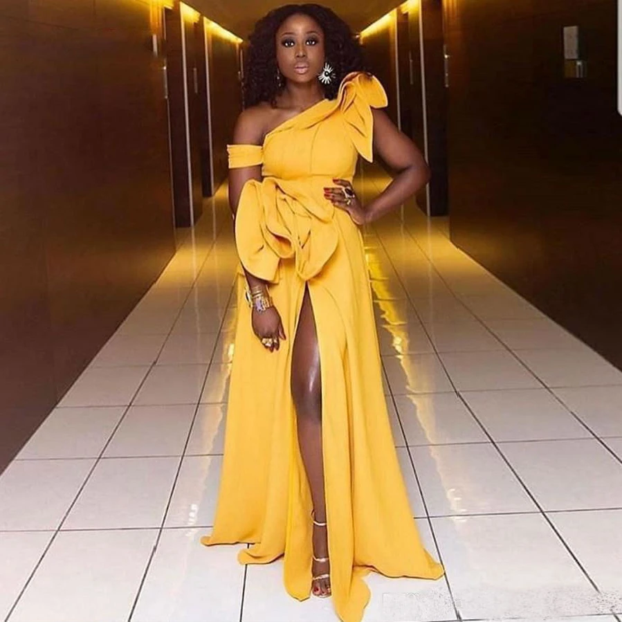

African One Shoulder Mermaid Prom Gown Formal Dresses Sexy High Split Ruffles Gold Yellow Abiye Evening Party Dress Plus Size