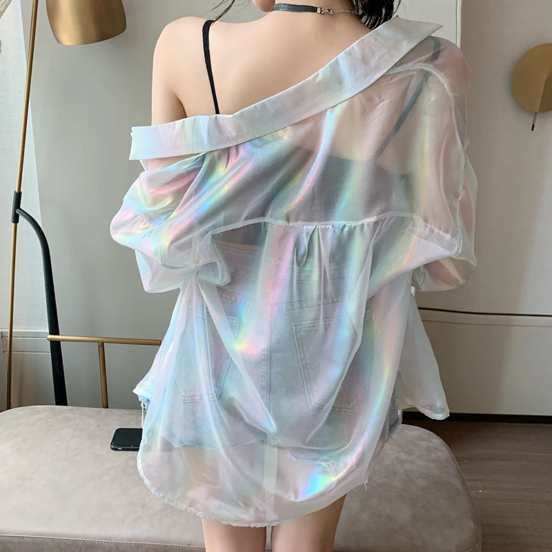 

2021 Shiny Sequined Women Tshirts Full Sleeve Summer Sparkles Transparent Shirts Cool Thin Loose Streetwear Women Clothes Tops