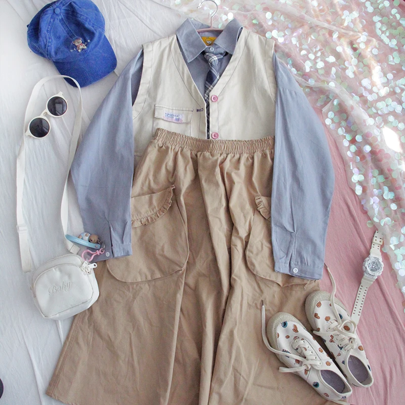 

Spring New Blouse Long Sleeve Loose Teen Girls Student Harajuku Cute Bear Print Tie Knot Soft Sister Shirt Tops College style