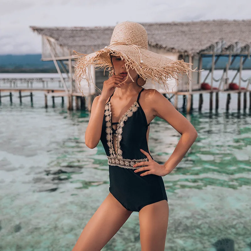 

Swimsuit Women Summer 2020 Body For Surfing One Piece 2020 New Sexy Black Three Backless Female Beach Polyester Floral