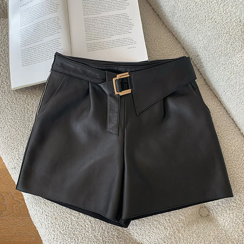 

Осенне-зимние новые кожаные шорты А-силуэта из овечьей шкуры с высокой талией женские кожаные узкие кожаные брюки с широкими штанинами