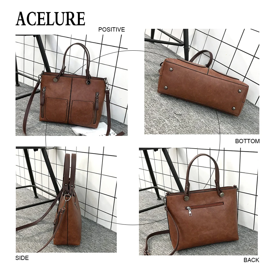 ACELURE, одноцветные, мягкие, из искусственной кожи, женские сумки, для девушек, Ретро стиль, модная сумка на плечо, вместительные сумки-тоут, повседневные сумки через плечо