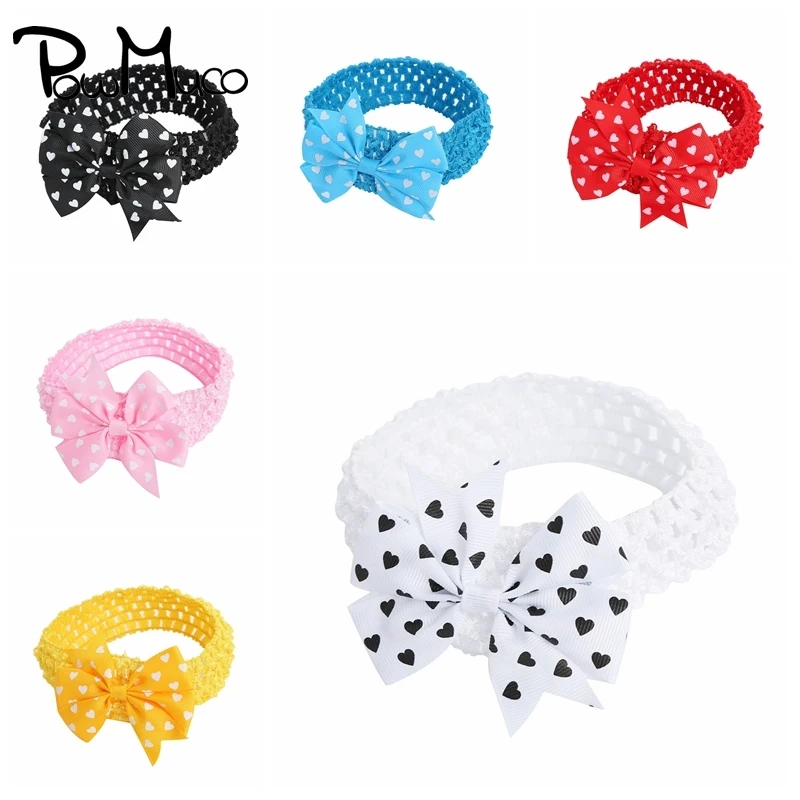 

Powmuco Cute Heart-shaped Print Grosgrain Ribbon Bows Knitting Elastic Hairband Fashion Crochet Hollowed Headband Baby Headwear