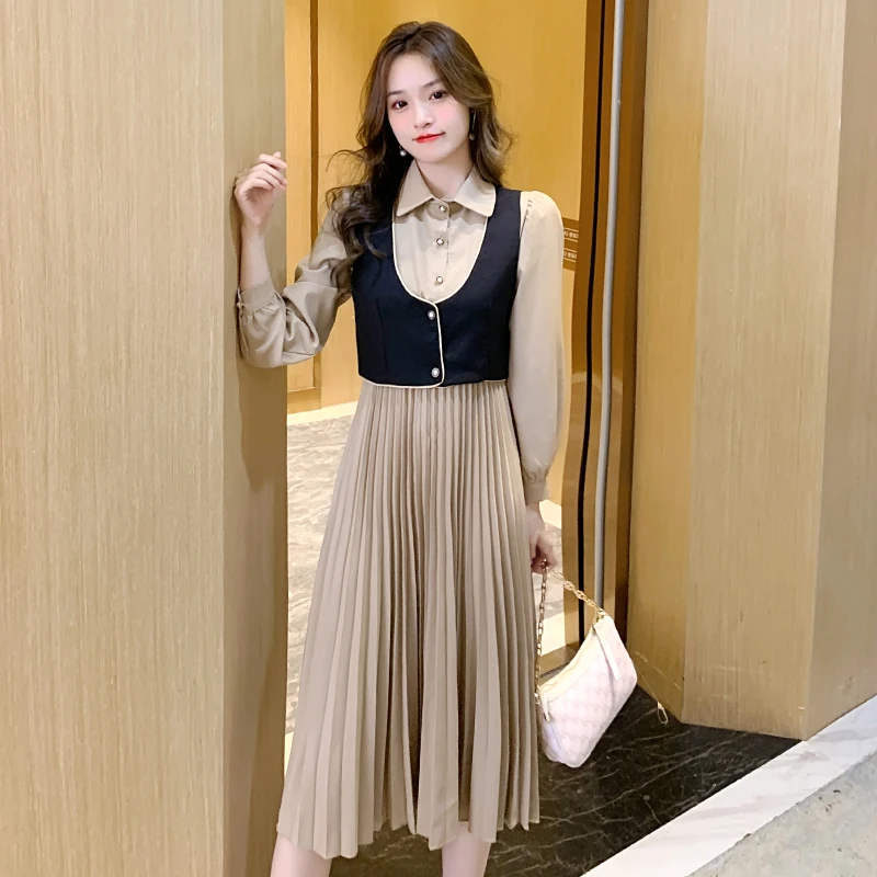 

Autumn New Formal Dress Long Sleeve Lapel Shirt Long Vest Dress Set New Elegant Party Dress Set