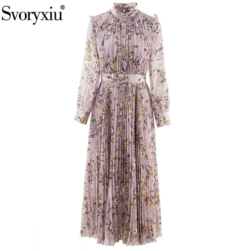 

Svoryxiu Women's Summer Runway Fashion Pleated Maxi Dress Long Sleeves Flower Print Jacquard Elegance Long Dresses Vestdios