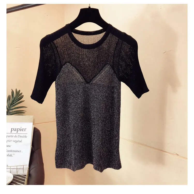 

2021 Spring Summer Bright Silk Fake Two-piece Splicing Short-sleeved Top Slim Thin Ice Silk Sweater Shiny Silk T-shirt Fashion