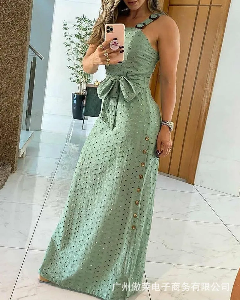 

2021 Women's New Green Hollow Pattern High Slit Sling Long Skirt Elegant Ladies Dress