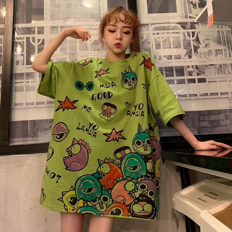Летние женские футболки с мультяшным принтом винтажные длинные рубашки коротким