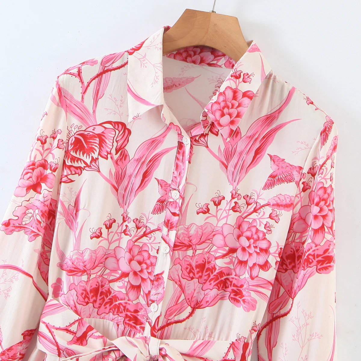 

Women Luxury Pink Floral Print Maxi Dress With Belt Elegant Shirt Turn-Down Collar Vintage Button Female Mujer Vestidos ZL058