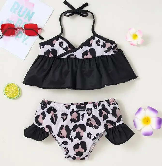 Summer Toddler Girls Two Piece Swimsuits Cute Mermaid/Leopard Halter Ruffle Bikini Tops+Bottom Set Swimwear