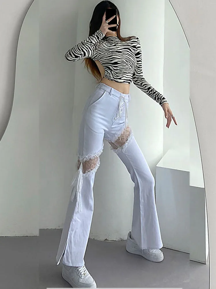 Hollow Out Women Flared Pants Europe Style Lace High Waist Ladies Wid-leg Pants Spring Fashion White Color Split Female Trousers