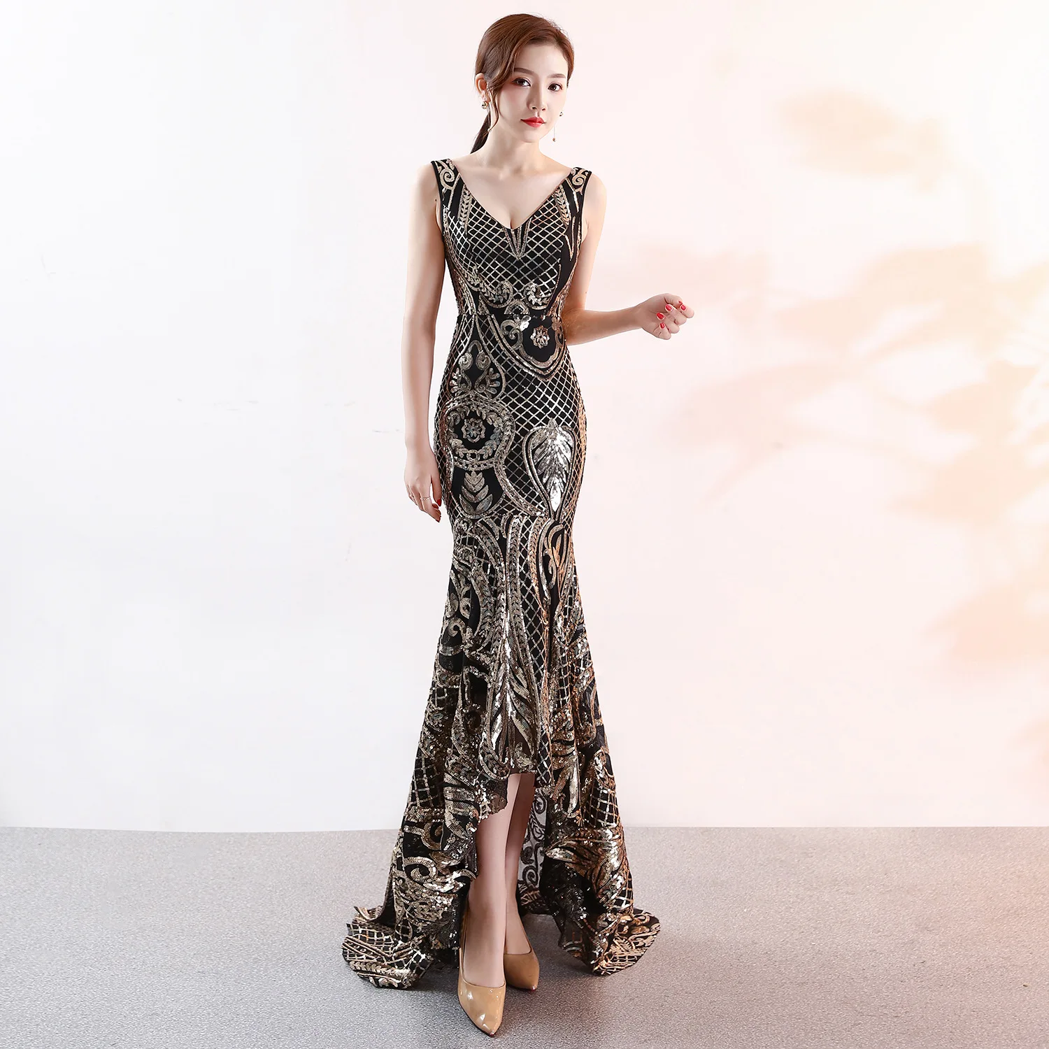 

New Arrival V Neck Sequined Cheap Mermaid evening dresses 2019 formal dress Evening gown Vestido de festa abiye abendkleider