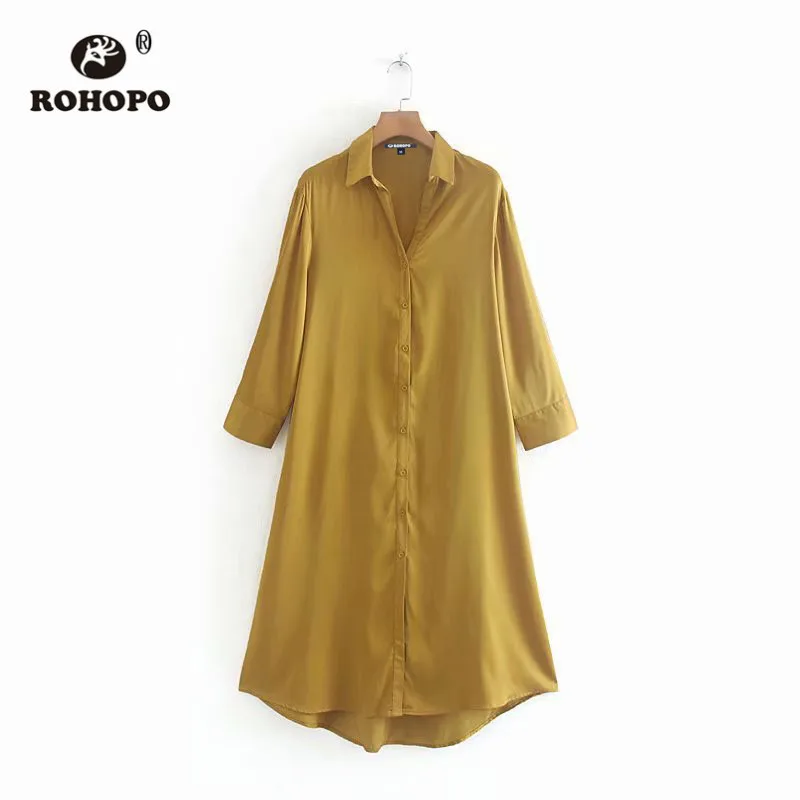 ROHOPO длинный рукав на пуговицах женская желтая блузка платье миди отложной
