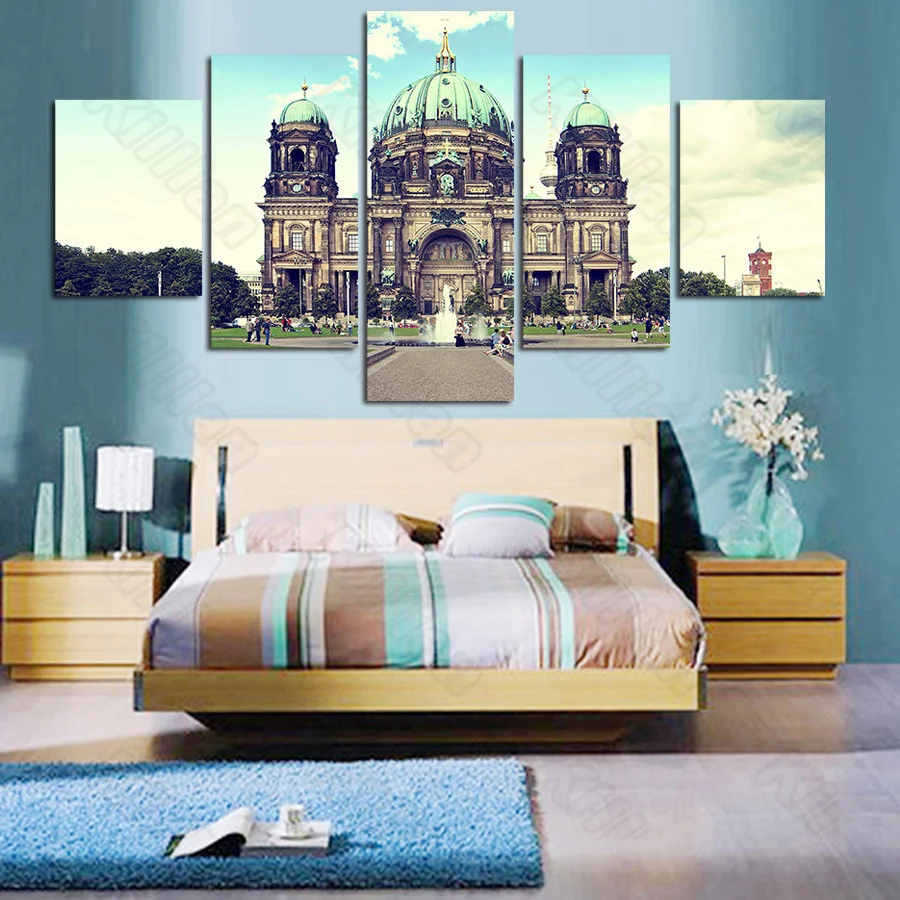 

Landscape Style Murals Canvas Painting Bed Home Decoration Prints 5 Pieces Fountain Castle Blue Sky Living Room Wall Mural