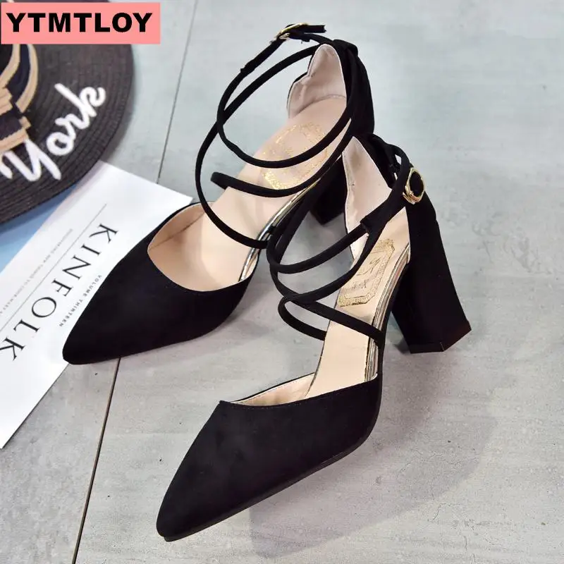 Тонкие Туфли из замши Женские летние босоножки на высоком толстом каблуке с